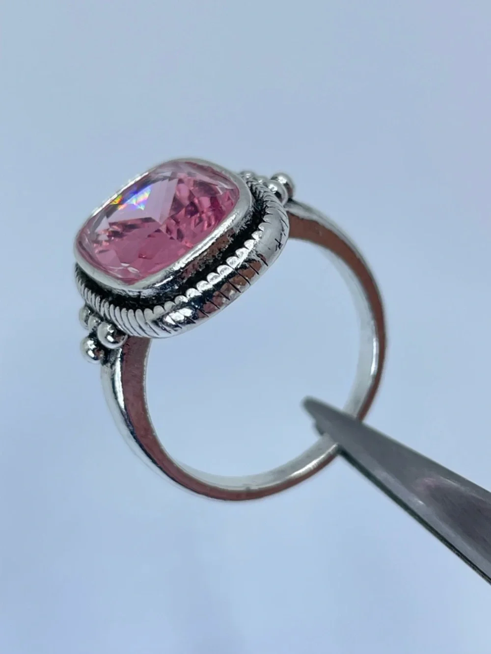 Vintage Style Pink Faceted Statement Ring Silver Bold Designer Style